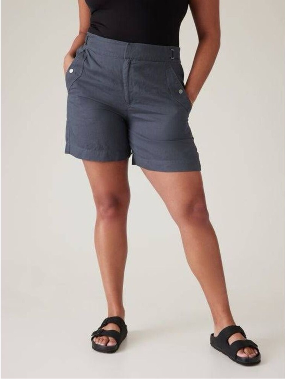 Athleta Voyager Linen High Rise Graphite Blue Casual Travel Shorts